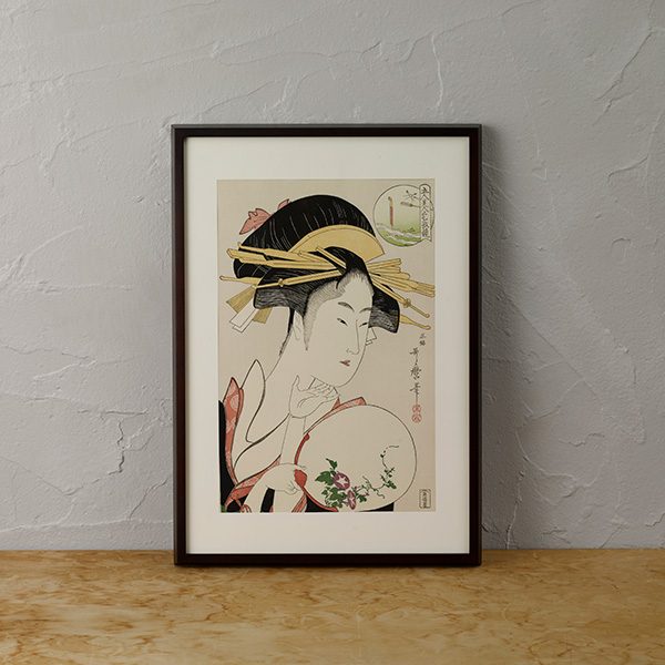 Kitagawa Utamaro, Comparing the Charms of Five Beauties: Kisegawa of the Matsubaya Woodblock Print, with frame